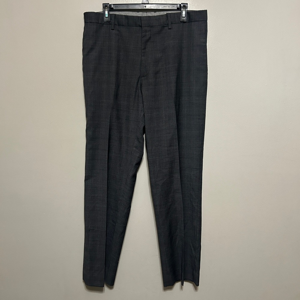 Banana Republic Dress Pants 35x31 Dark Grey Glen Plaid Flat Front Wool Trousers